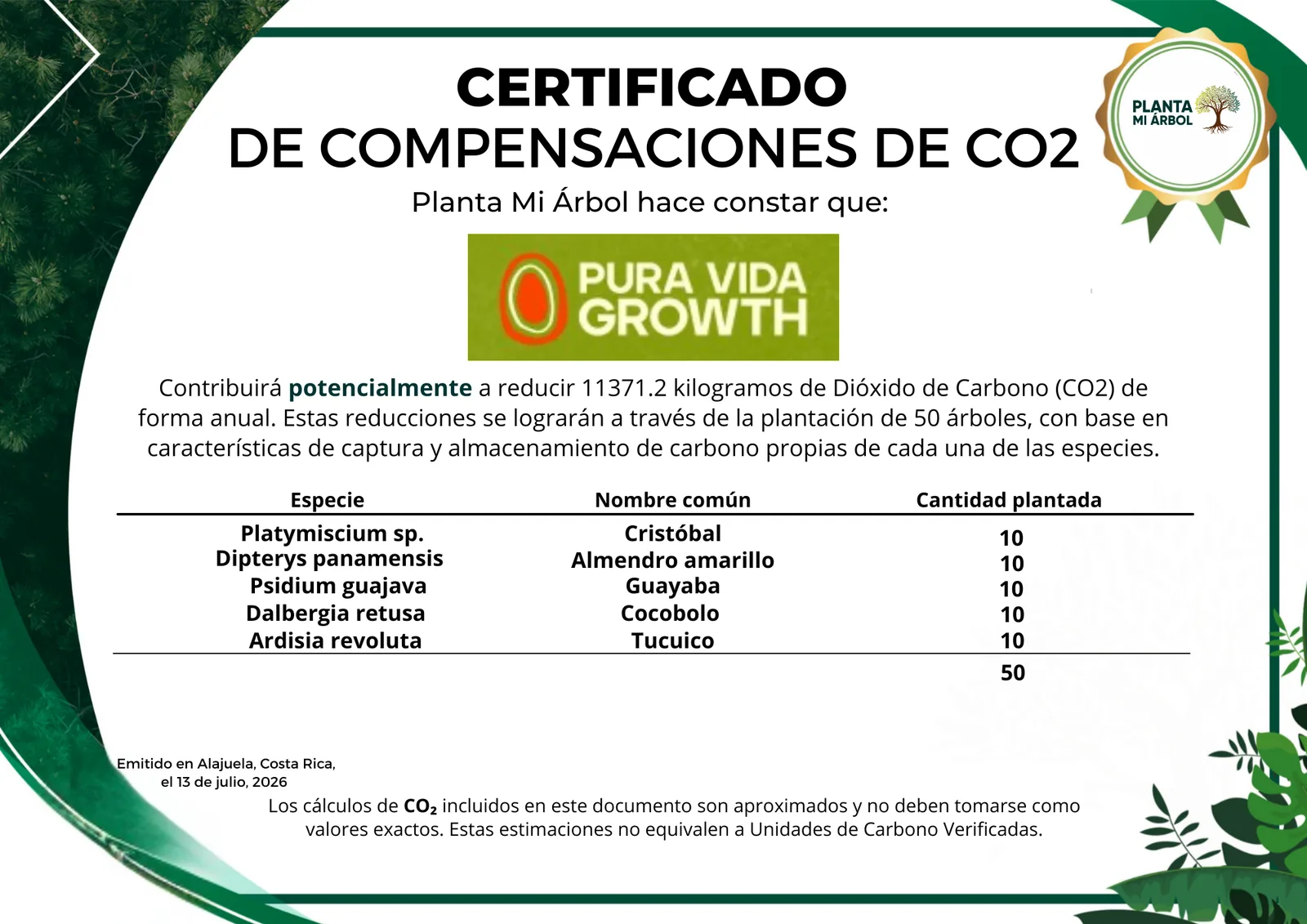 Planta Mi Árbol CO₂ certificate: potential reduction of 11,371.2 kg per year