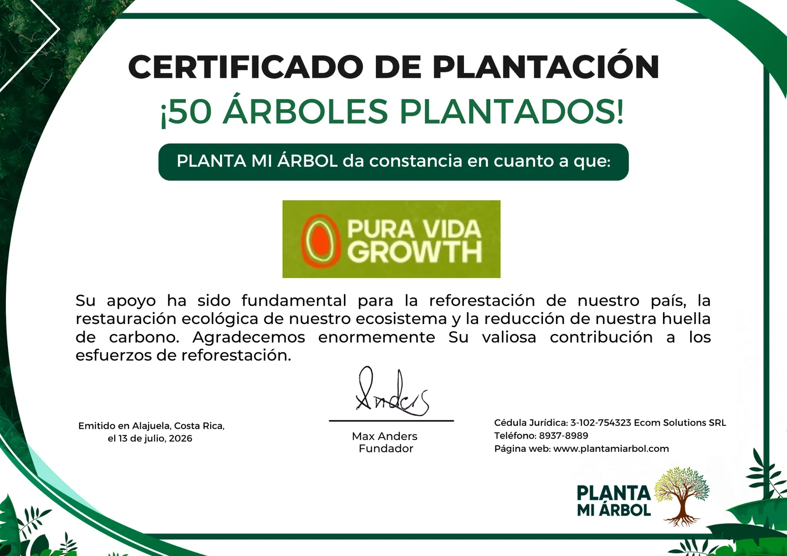 Planting Certificate - 50 trees