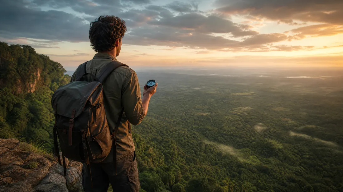 A person with a compass overlooking the rainforest canopy: strategic vision before launch
