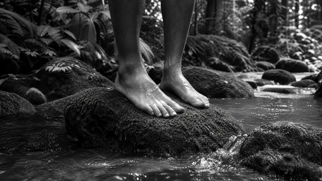 Bare feet on mossy rocks in a jungle stream: sensory immersion