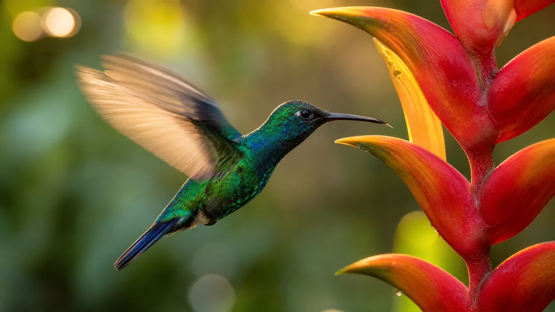 A hummingbird hovering: restrained precision before action