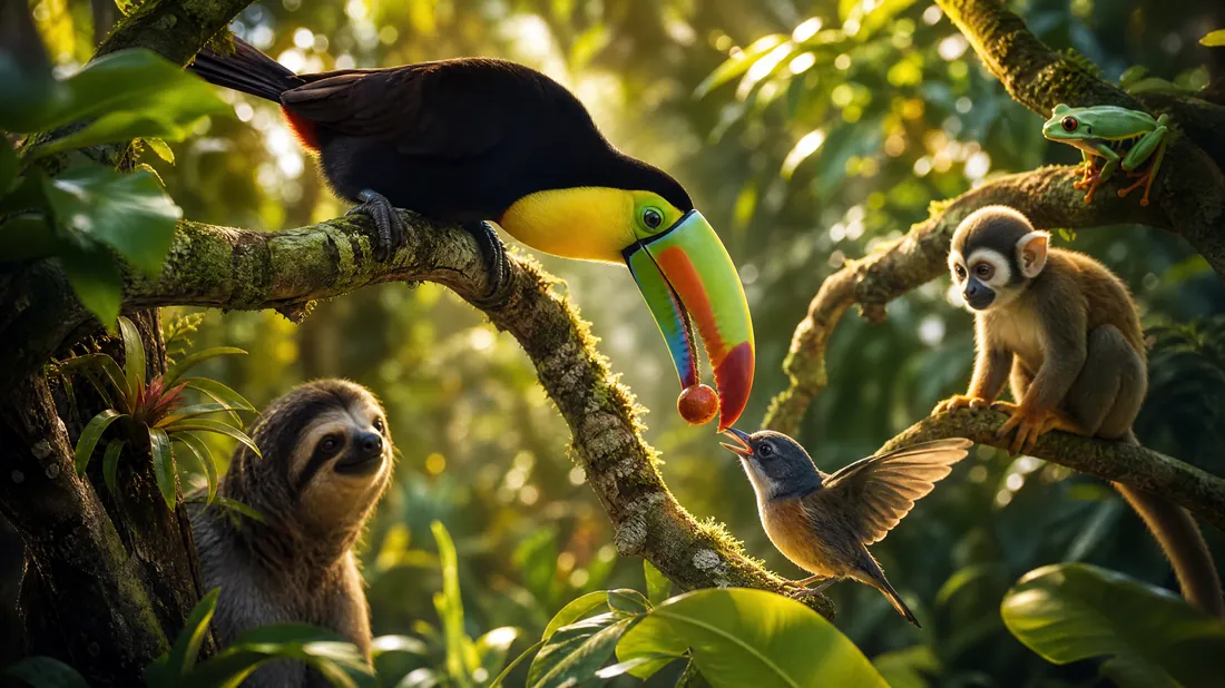 A toucan sharing fruit with a smaller bird: community and trust